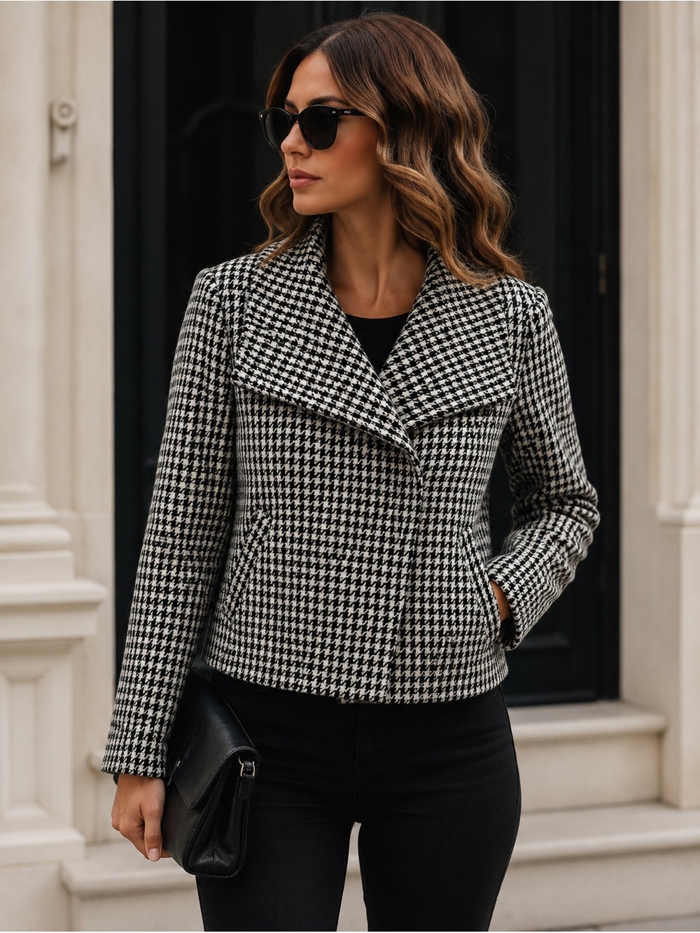 Lauren Ralph Lauren Houndstooth Wool Blend Moto Jacket Medium Cropped Lined